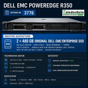 Dell EMC PowerEdge R350 1U Rackserver, Intel Xeon E-2334 @3,4Ghz, 16GB RAM, 2x 480GB SSD - 2